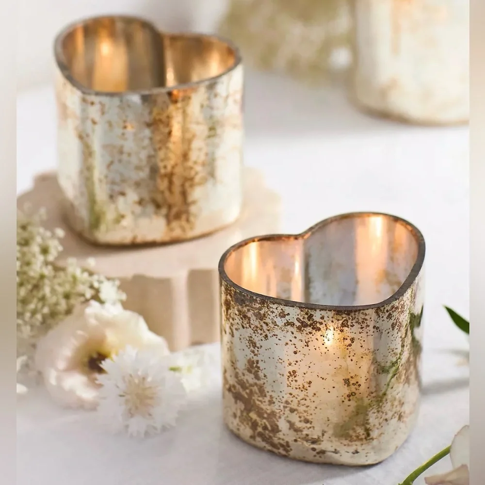 NEW Anthropologie Antiqued Glass Heart Votive Holder Set of 2 Valentine’s Day - Picture 1 of 4